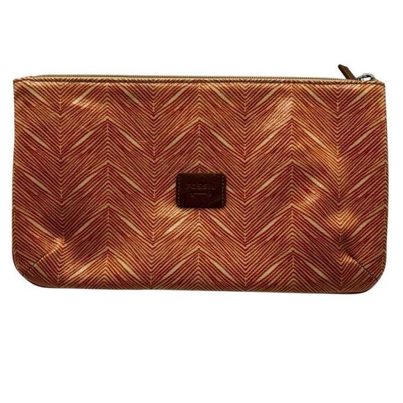FOSSIL Key Per Patent Leather Trim Make Up/Accessories Pouch Orange/Cream - Picture 1 of 10